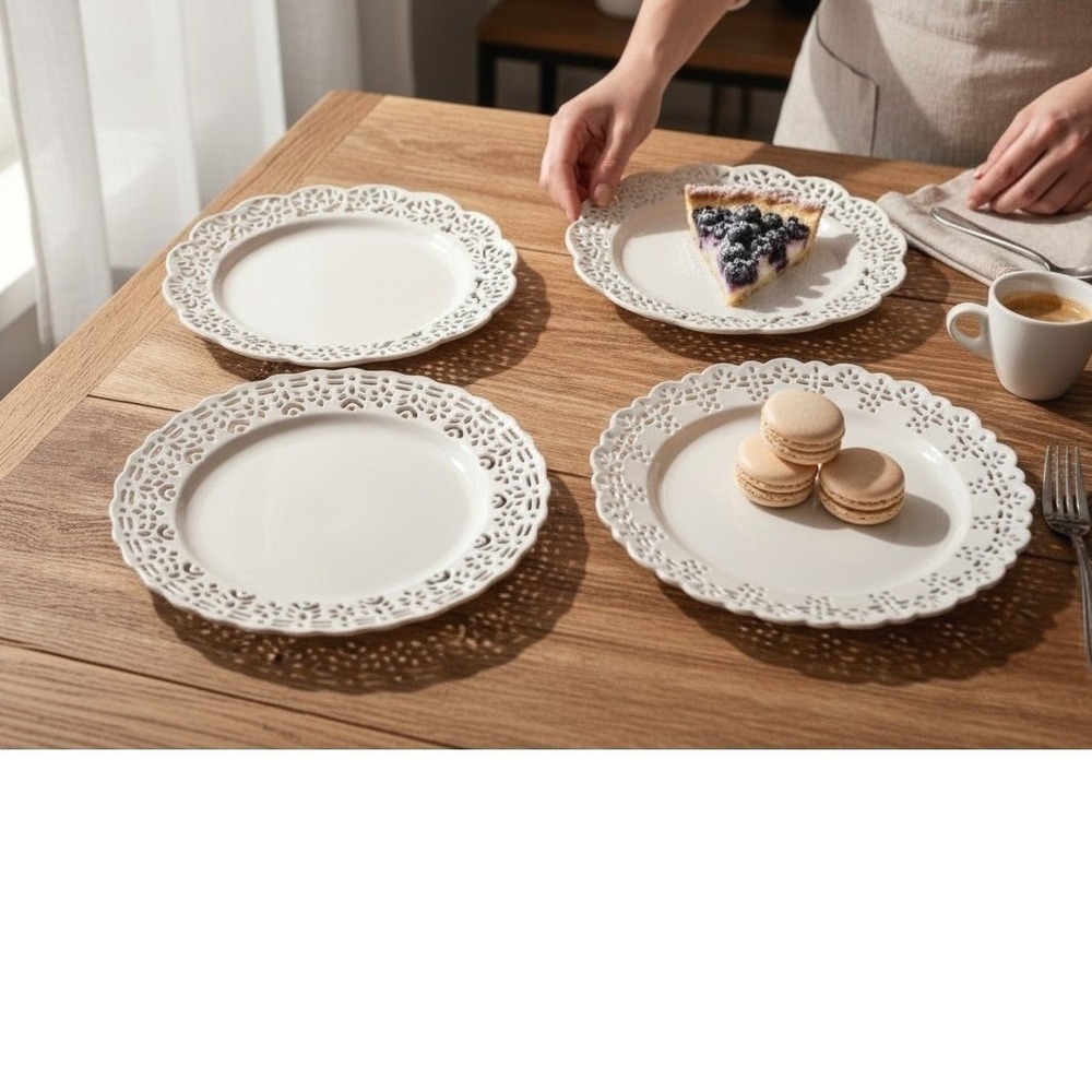 Pier 1 Imports Doily Lace Dessert Salad Plates Set of 4 White Porcelain 7.5"